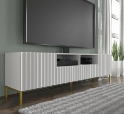 Szafka RTV Wave 200cm 2D2S, biały mat - nogi metalowe złote - w aranżacji