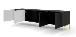 Szafka RTV Wave 200cm 2D2S, czarny mat - nogi metalowe złote - otwarta