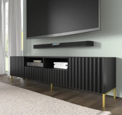Szafka RTV Wave 200cm 2D2S, czarny mat - nogi metalowe złote - w aranżacji