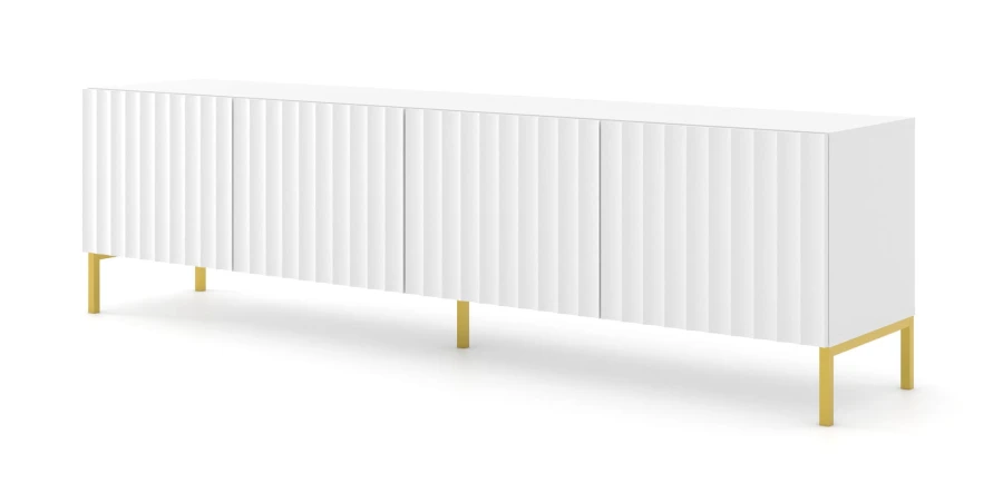 Szafka RTV Wave 200cm 4D, biały mat - nogi metalowe złote