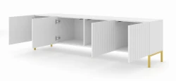 Szafka RTV Wave 200cm 4D, biały mat - nogi metalowe złote - otwarta