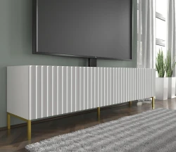 Szafka RTV Wave 200cm 4D, biały mat - nogi metalowe złote - w aranżacji