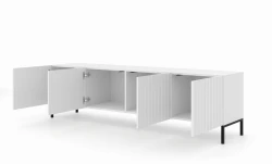 Szafka RTV Wave 200cm 4D, biały mat - nogi metalowe czarne - otwarta