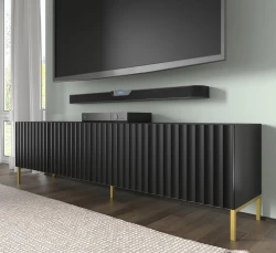 Szafka RTV Wave 200cm 4D, czarny mat - nogi metalowe złote - w aranżacji