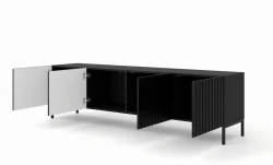 Szafka RTV Wave 200cm 4D, czarny mat - nogi metalowe czarne - otwarta