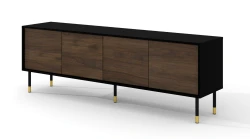 Szafka RTV Sherwood 4D 180cm, czarny mat / dąb catania - nogi metalowe czarne ze złotymi zdobieniami