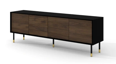Szafka RTV Sherwood 4D 180cm, czarny mat / dąb catania - nogi metalowe czarne ze złotymi zdobieniami
