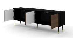 Szafka RTV Sherwood 4D 180cm, czarny mat / dąb catania - nogi metalowe czarne ze złotymi zdobieniami - otwarta