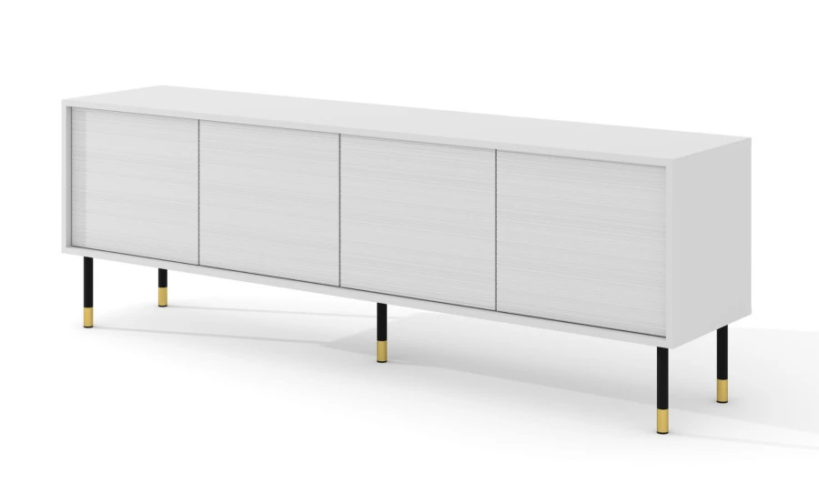 Szafka RTV Sherwood 4D 180cm, biały mat - nogi metalowe czarne ze złotymi zdobieniami