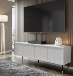 Szafka RTV Sherwood 4D 180cm, biały mat - nogi metalowe czarne ze złotymi zdobieniami - w aranżacji