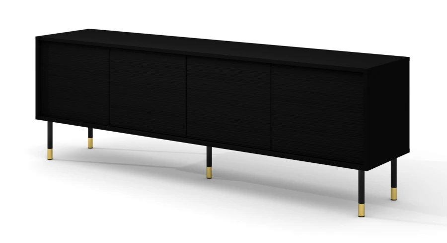 Szafka RTV Sherwood 4D 180cm, czarny mat - nogi metalowe czarne ze złotymi zdobieniami