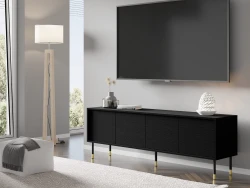 Szafka RTV Sherwood 4D 180cm, czarny mat - nogi metalowe czarne ze złotymi zdobieniami - w aranżacji