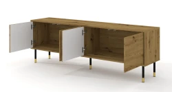 Szafka RTV Sherwood 4D 180cm, dąb artisan - nogi metalowe czarne ze złotymi zdobieniami - otwarta