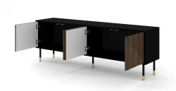Szafka RTV Woody IV 4D 180cm, czarny mat / dąb catania - nogi metalowe czarne ze złotymi zdobieniami - otwarta