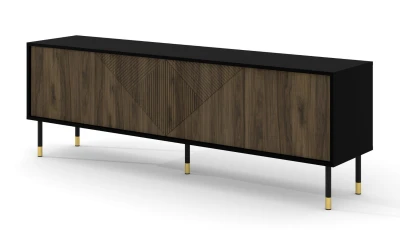 Szafka RTV Woody 4D 180cm, czarny mat / orzech pacyfik - nogi metalowe czarne ze złotymi zdobieniami