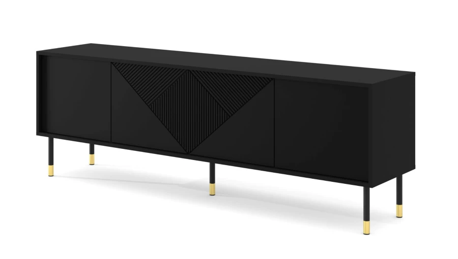 Szafka RTV Woody 4D 180cm, czarny mat - nogi metalowe czarne ze złotymi zdobieniami