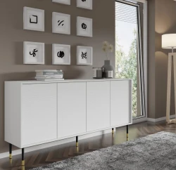 Komoda Sherwood 4D 180cm, biały mat - nogi metalowe czarne ze złotymi zdobieniami - w salonie