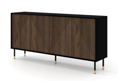 Komoda Woody IV 4D 180cm, czarny mat / dąb catania - nogi metalowe czarne ze złotymi zdobieniami