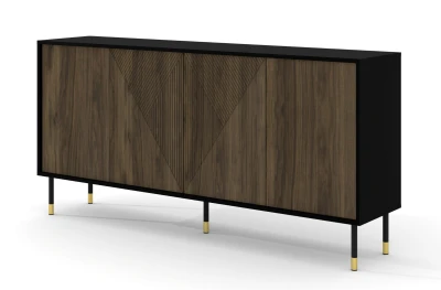 Komoda Woody 4D 180cm, czarny mat / orzech pacyfik - nogi metalowe czarne ze złotymi zdobieniami