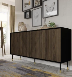 Komoda Woody 4D 180cm, czarny mat / orzech pacyfik - nogi metalowe czarne ze złotymi zdobieniami - w aranżacji