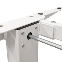 Mechanizm napędowy biurka BIMOTION, zbliżenie na elementy stelaża w kolorze białym.