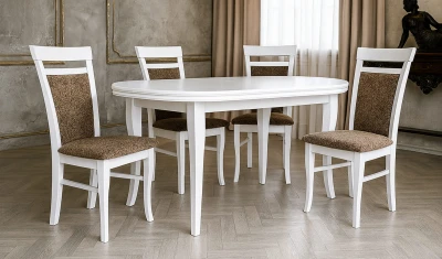 Zestaw jadalniany ZOYA - Stół owalny rozkładany, biały S2 90x160/200 + 4 krzesła K37 brązowe
