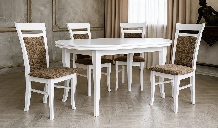 Zestaw jadalniany ZOYA - Stół owalny rozkładany, biały S2 90x160/200 + 4 krzesła K37 brązowe