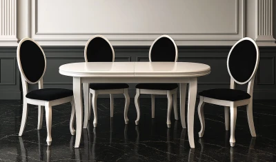 Zestaw jadalniany DIANA - Stół owalny rozkładany, biały S2 90x160/200 + 4 krzesła glamour K76 czarne