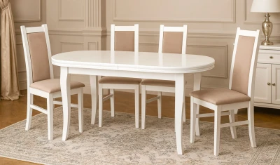 Zestaw jadalniany AURELIA - Stół owalny rozkładany, biały S2 90x160/200 + 4 krzesła K17 beżowe