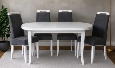 Zestaw jadalniany VIVIA - Stół owalny rozkładany, biały S2 90x160/200 + 4 krzesła K79 ciemnoszare