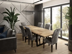 Nowoczesny zestaw mebli jadalnianych - Stół rozkładany loftowy prostokątny S7 METAL 90x160/260 z 6 krzesłami K11-G - zestaw rozłożony przedstawiony od boku w nowoczesnej jadalni.
