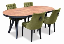 Minimalistyczny komplet mebli do jadalni lub salonu - Stół rozkładany okrągły S41-L ⌀100/200 z 4 krzesłami K92 z kołatką i lamówką - Zestaw po rozłożeniu.